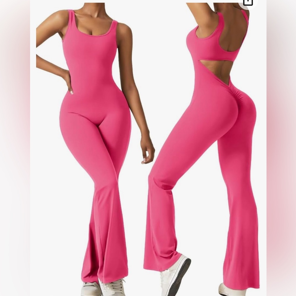 Barbie Pink Flare Jumpsuit Backless Scrunch Butt Yoga Seamless Size S